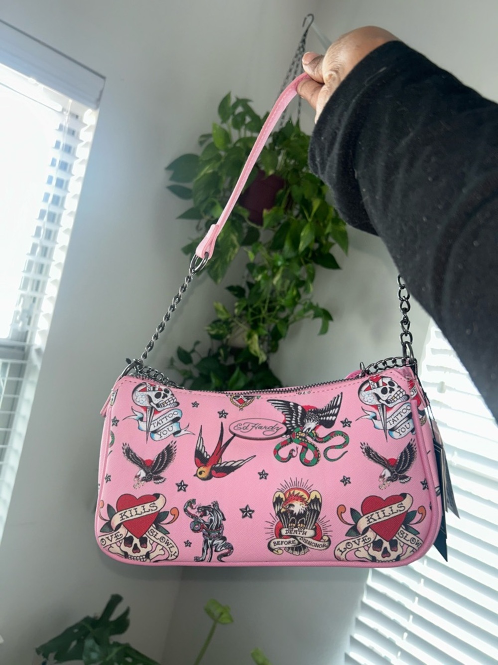 Ed Hardy Pink Tattoo Motif Chain-Handle Shoulder Bag